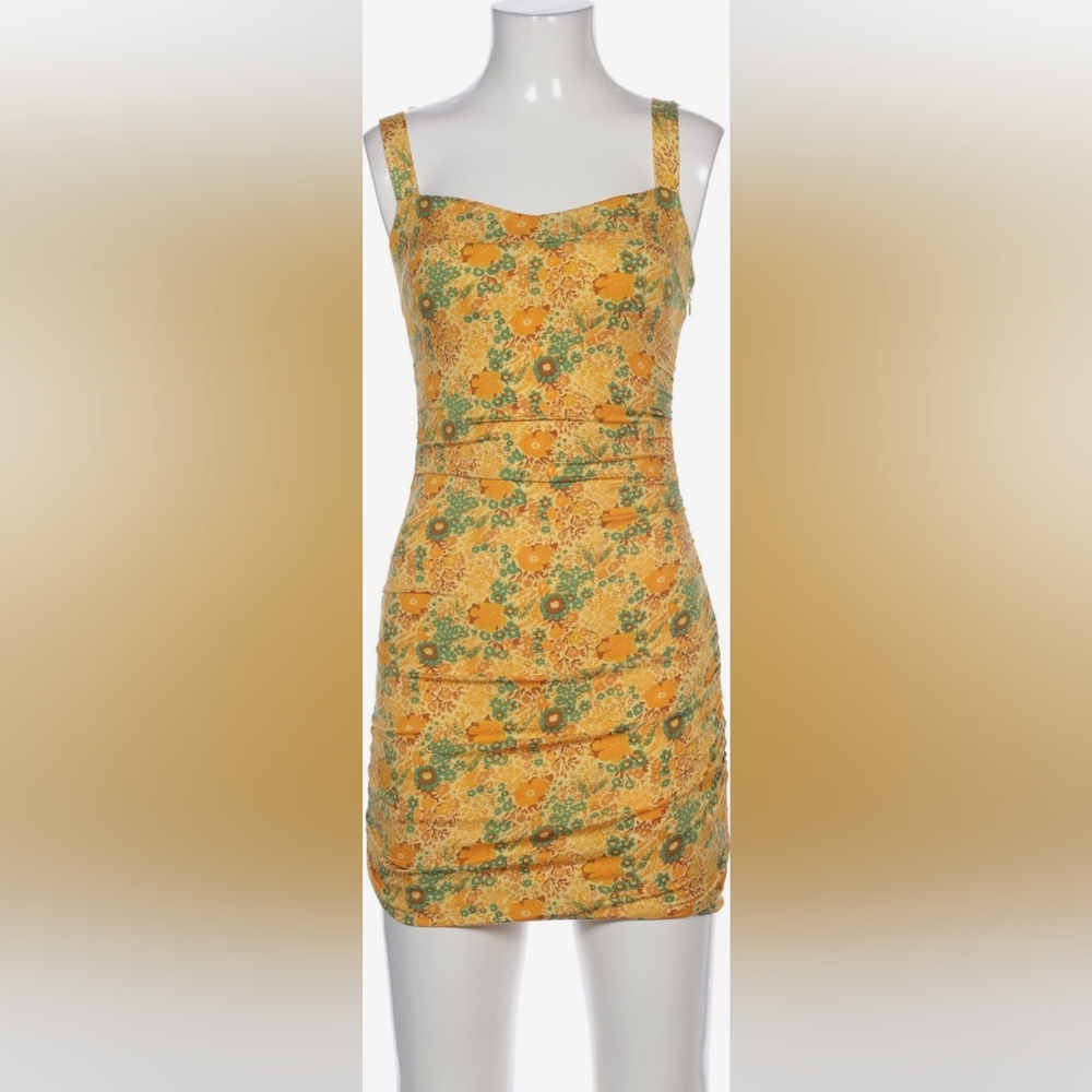 Urban Outfitters Claira Ruched Bodycon Square Neck Mini Dress Yellow & Orange- L - Picture 14 of 16
